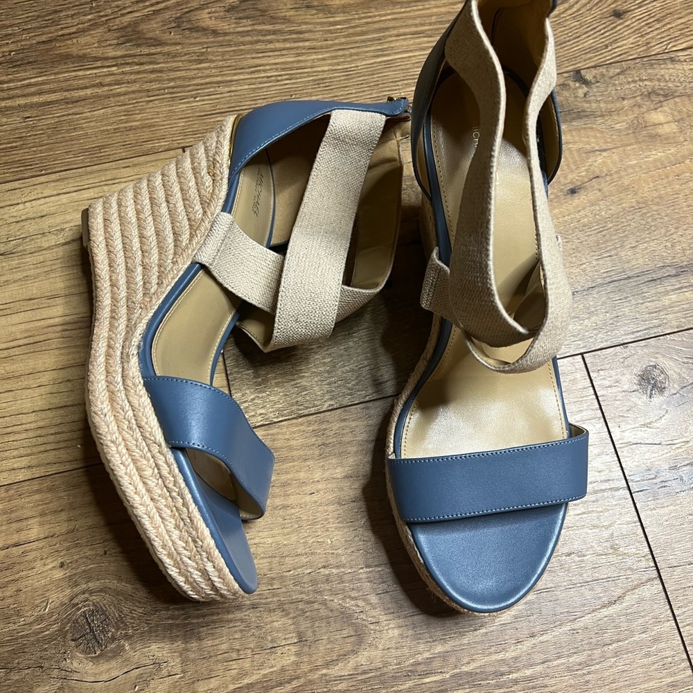 Stylish Blue and Tan Wedge Sandals by Michael Kors